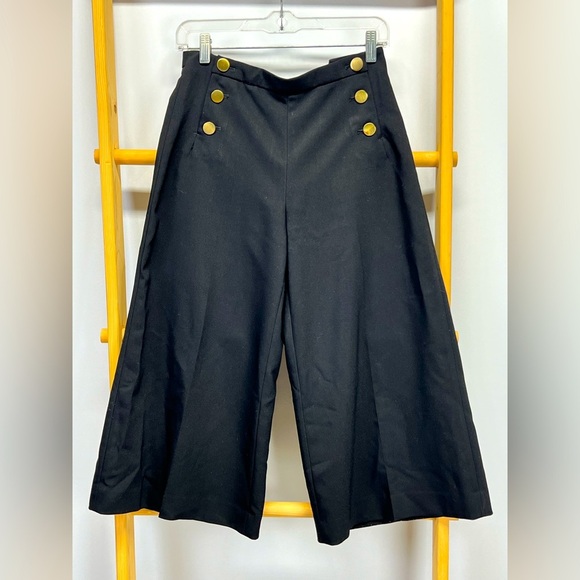 H&M Black wide leg cropped pants w/ gold sailor button accent size 6 - Picture 1 of 11